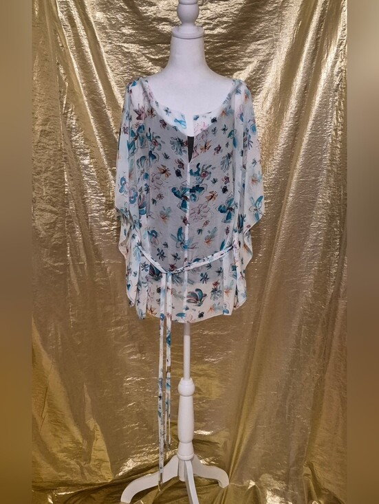 RACHEL Rachel Roy Tops - RACHEL Rachel Roy Sheer White and Floral Tie-Waist Top